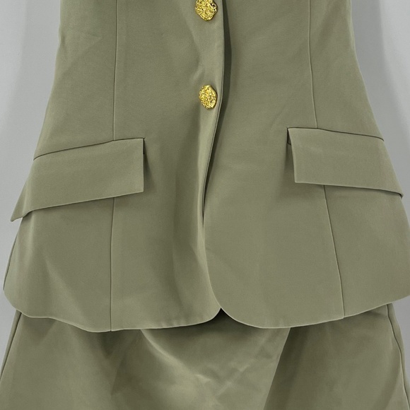 RARE LONDON TAILORED HALTERED GOLD BUTTON VEST DETAIL MINI DRESS IN OLIVE GREEN - Picture 5 of 10